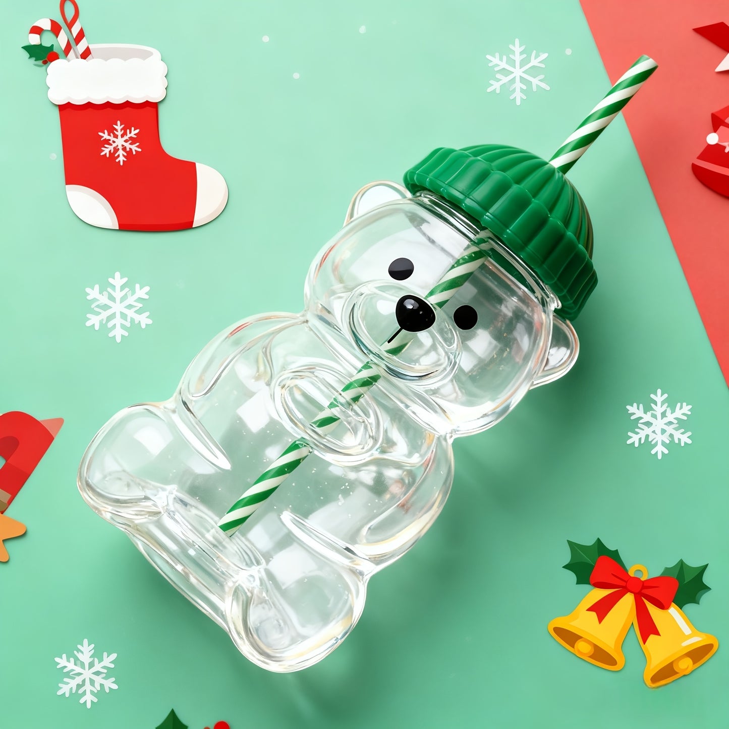 Mini Bear Glass Cup with Green Hat Lid & Straw – Cute Transparent Bear Cup for Drinks, Gifts & Office Use