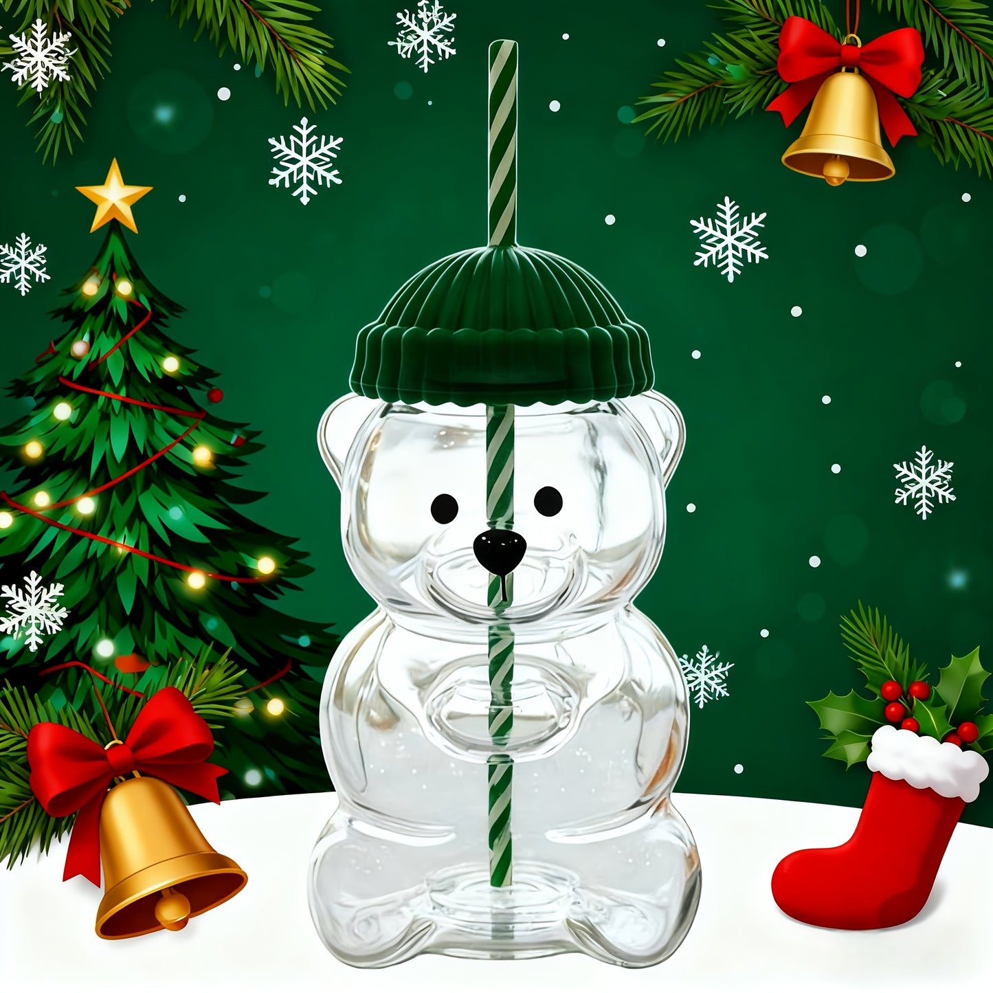 Mini Bear Glass Cup with Green Hat Lid & Straw – Cute Transparent Bear Cup for Drinks, Gifts & Office Use