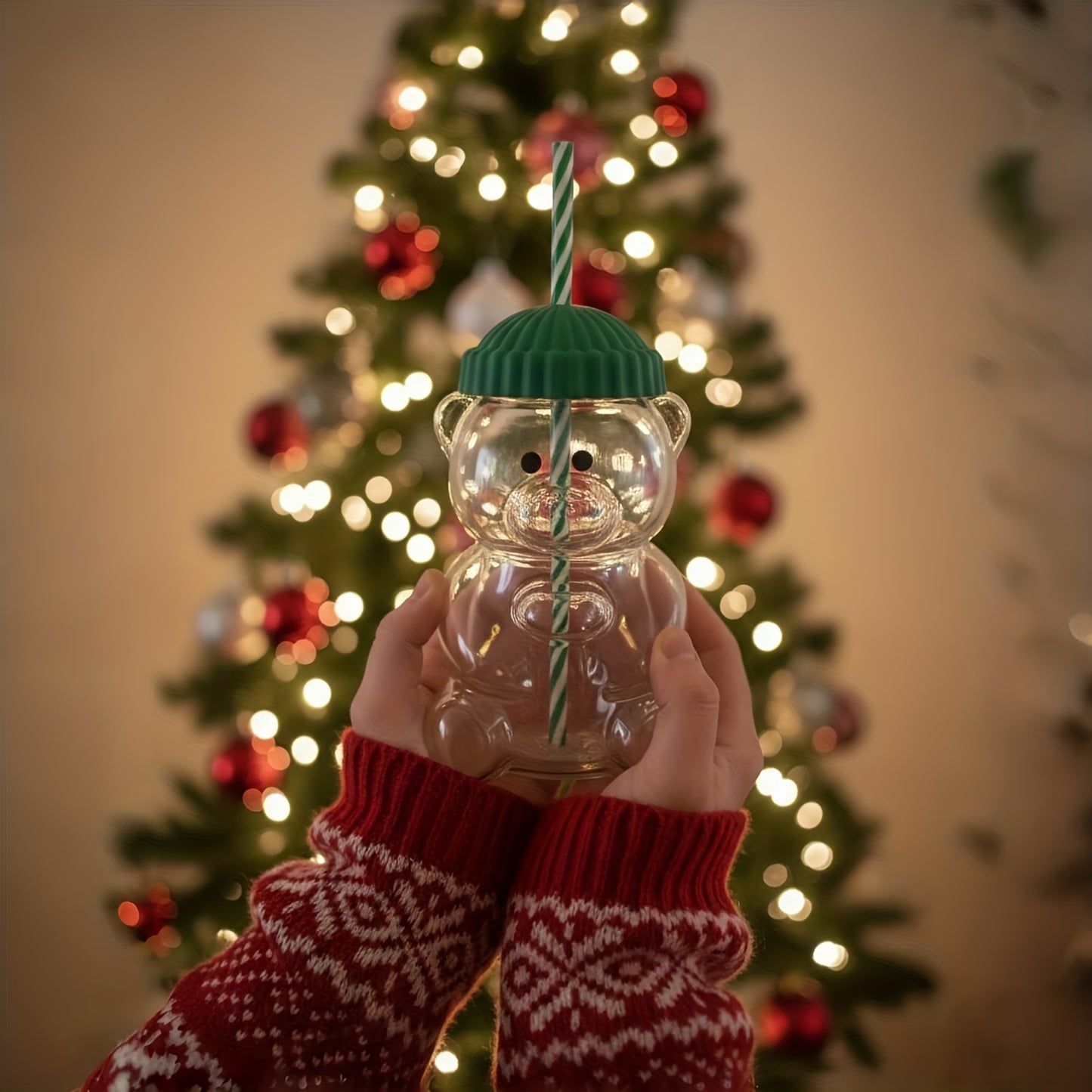 Mini Bear Glass Cup with Green Hat Lid & Straw – Cute Transparent Bear Cup for Drinks, Gifts & Office Use