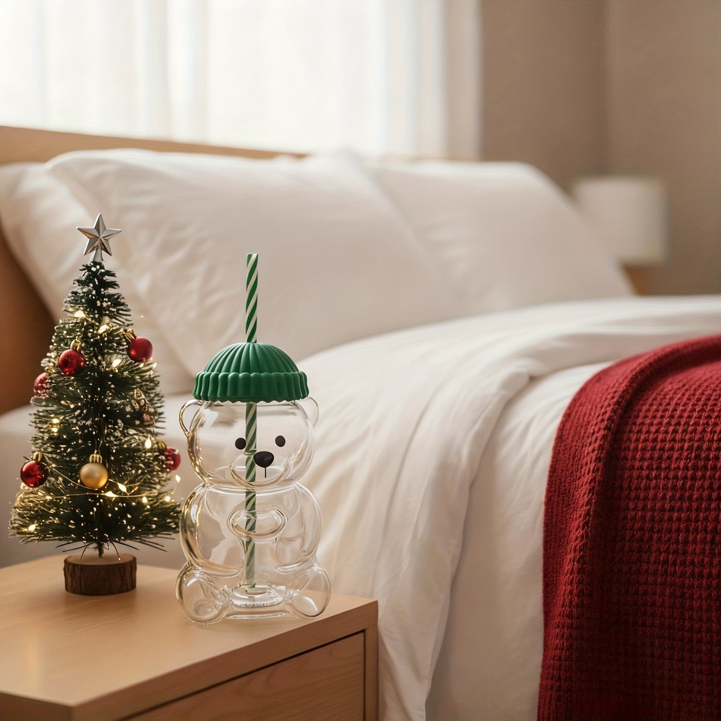 Mini Bear Glass Cup with Green Hat Lid & Straw – Cute Transparent Bear Cup for Drinks, Gifts & Office Use