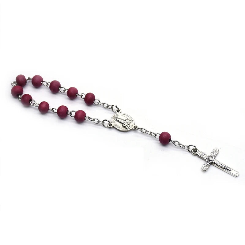 Red Wood Beads Strand Cross Rosary Bracelet with Box – Christian Religious Jewelry Gift for Women