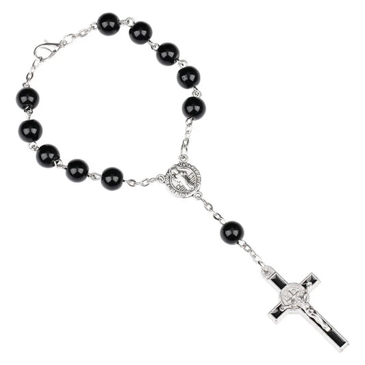 Catholic Crucifixion of Jesus Cross Rosary Bracelet/Car Rosary with Saint Benedict Medal – Unisex Prayer Beads Jewelry
