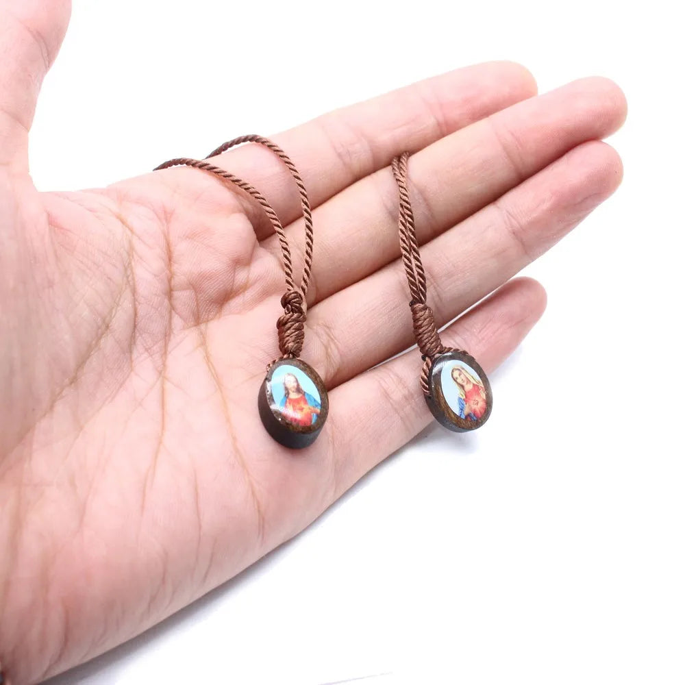 Wooden Cross Pendant Necklace with Jesus & Mary – 50cm Rope Chain