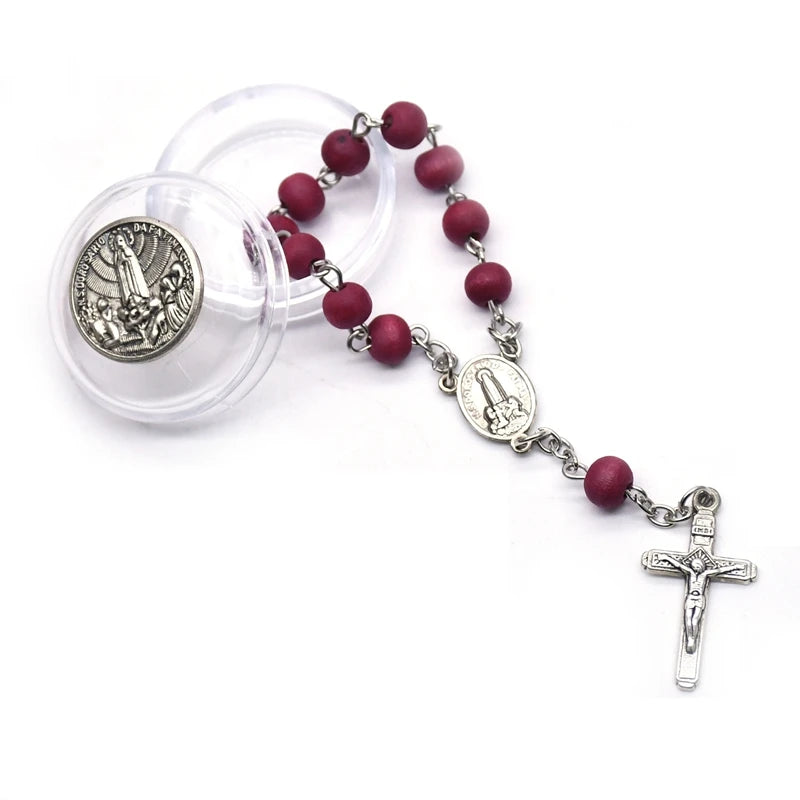 Red Wood Beads Strand Cross Rosary Bracelet with Box – Christian Religious Jewelry Gift for Women