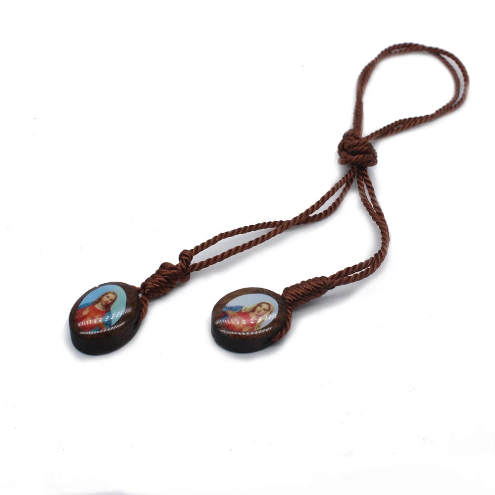 Wooden Cross Pendant Necklace with Jesus & Mary – 50cm Rope Chain