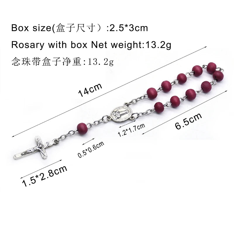 Red Wood Beads Strand Cross Rosary Bracelet with Box – Christian Religious Jewelry Gift for Women