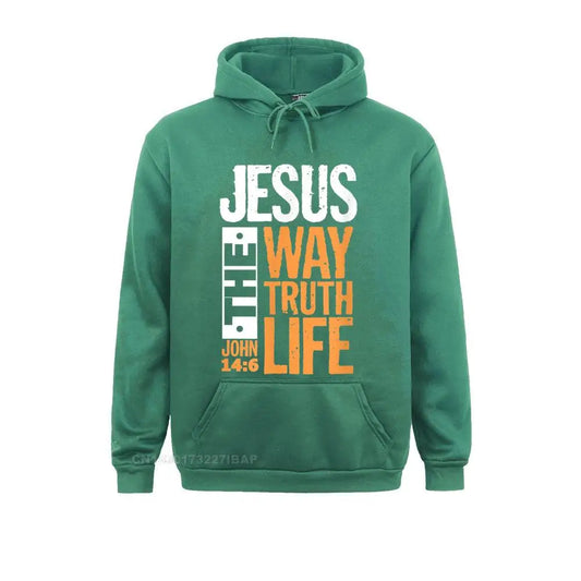Unisex Christian Hoodie – “Jesus The Way, The Truth, The Life” Bible Verse Pullover (John 14:6)