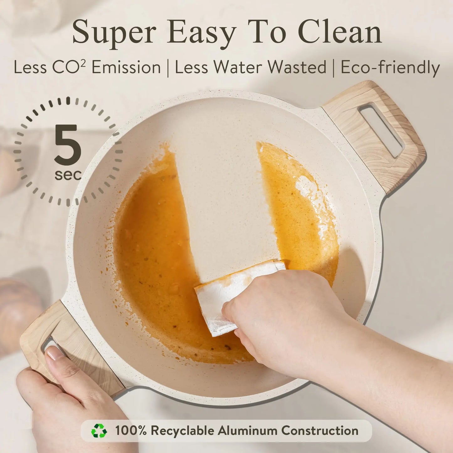 7-Piece Nonstick Granite Cookware Set – Induction Compatible Pots and Pans with Wooden Handles & Glass Lids, Cream White