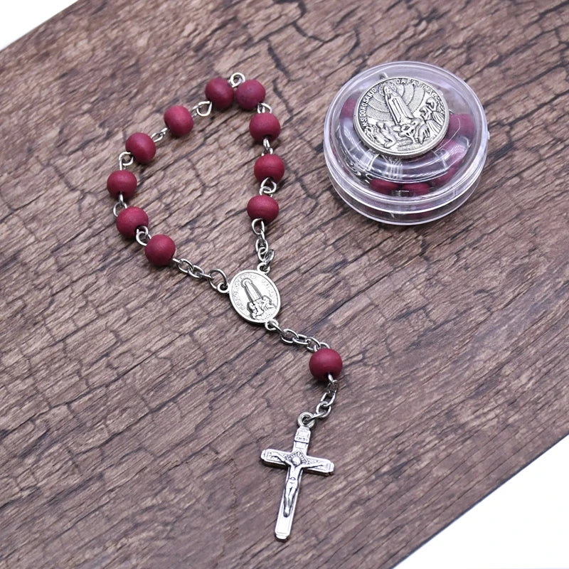 Red Wood Beads Strand Cross Rosary Bracelet with Box – Christian Religious Jewelry Gift for Women