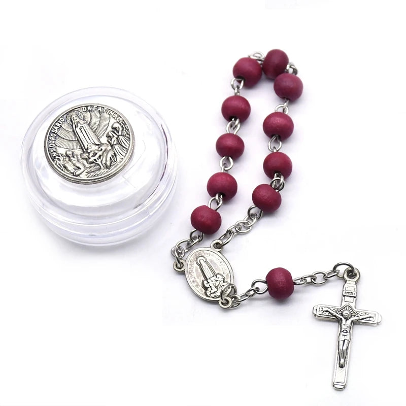 Red Wood Beads Strand Cross Rosary Bracelet with Box – Christian Religious Jewelry Gift for Women