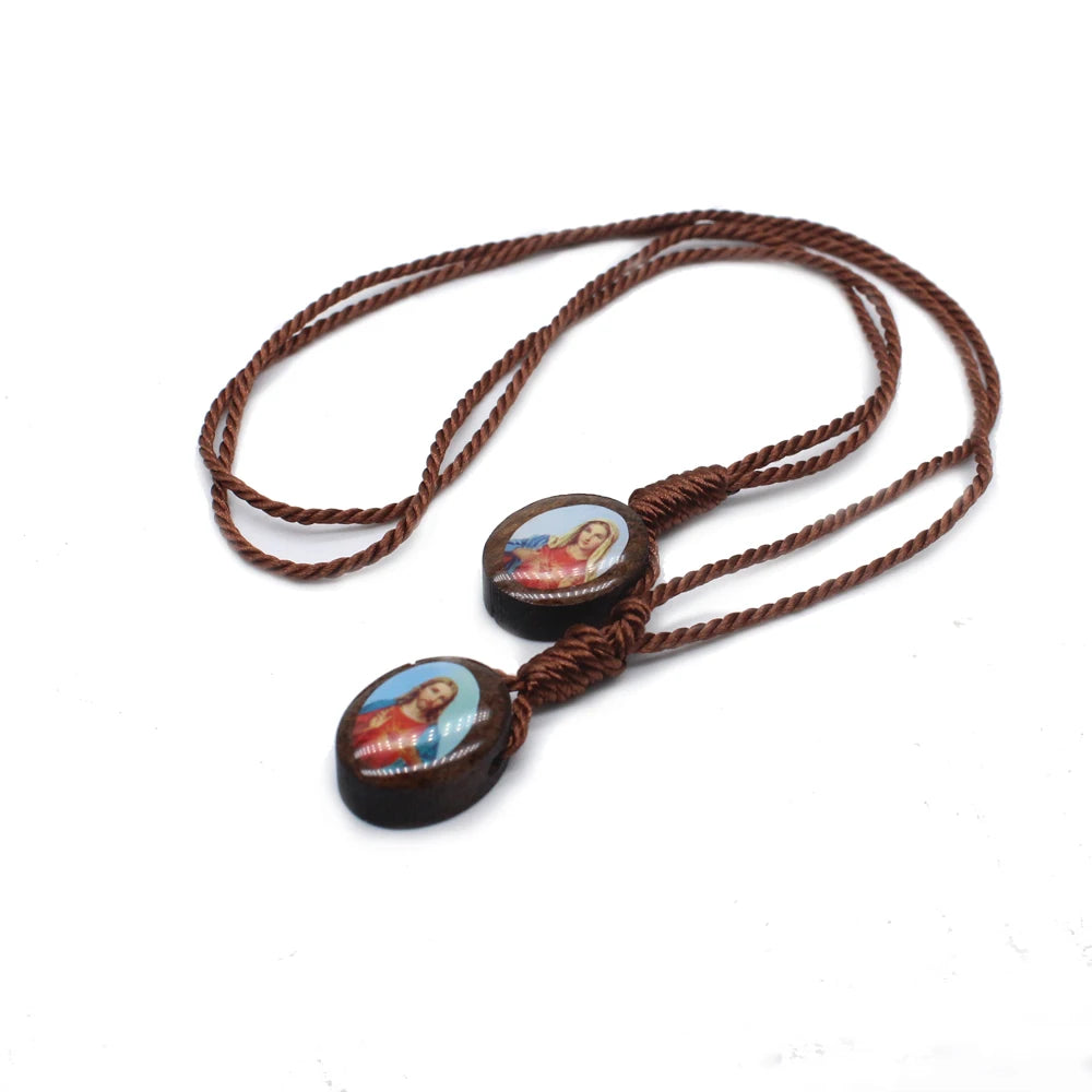 Wooden Cross Pendant Necklace with Jesus & Mary – 50cm Rope Chain