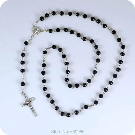 6mm Black Glass Rosary Beads with Saint Benedict Medal, INRI Jesus Cross Pendant – Catholic Christian Religious Jewelry
