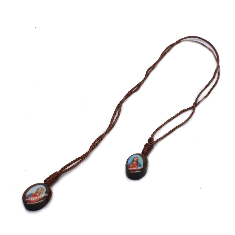 Wooden Cross Pendant Necklace with Jesus & Mary – 50cm Rope Chain