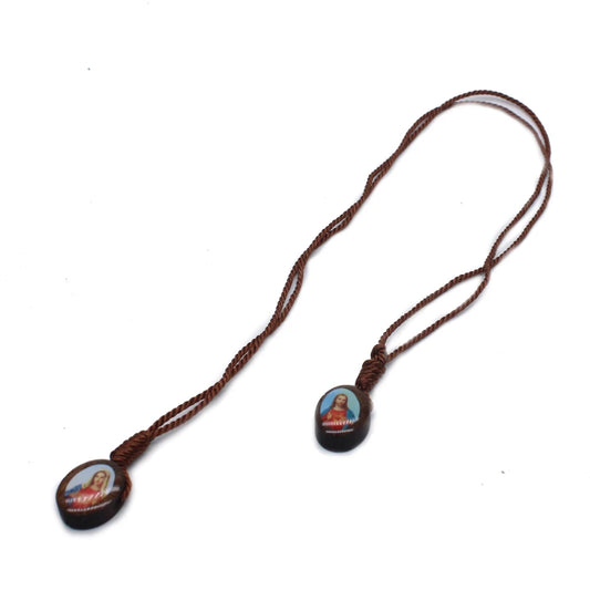 Wooden Cross Pendant Necklace with Jesus & Mary – 50cm Rope Chain