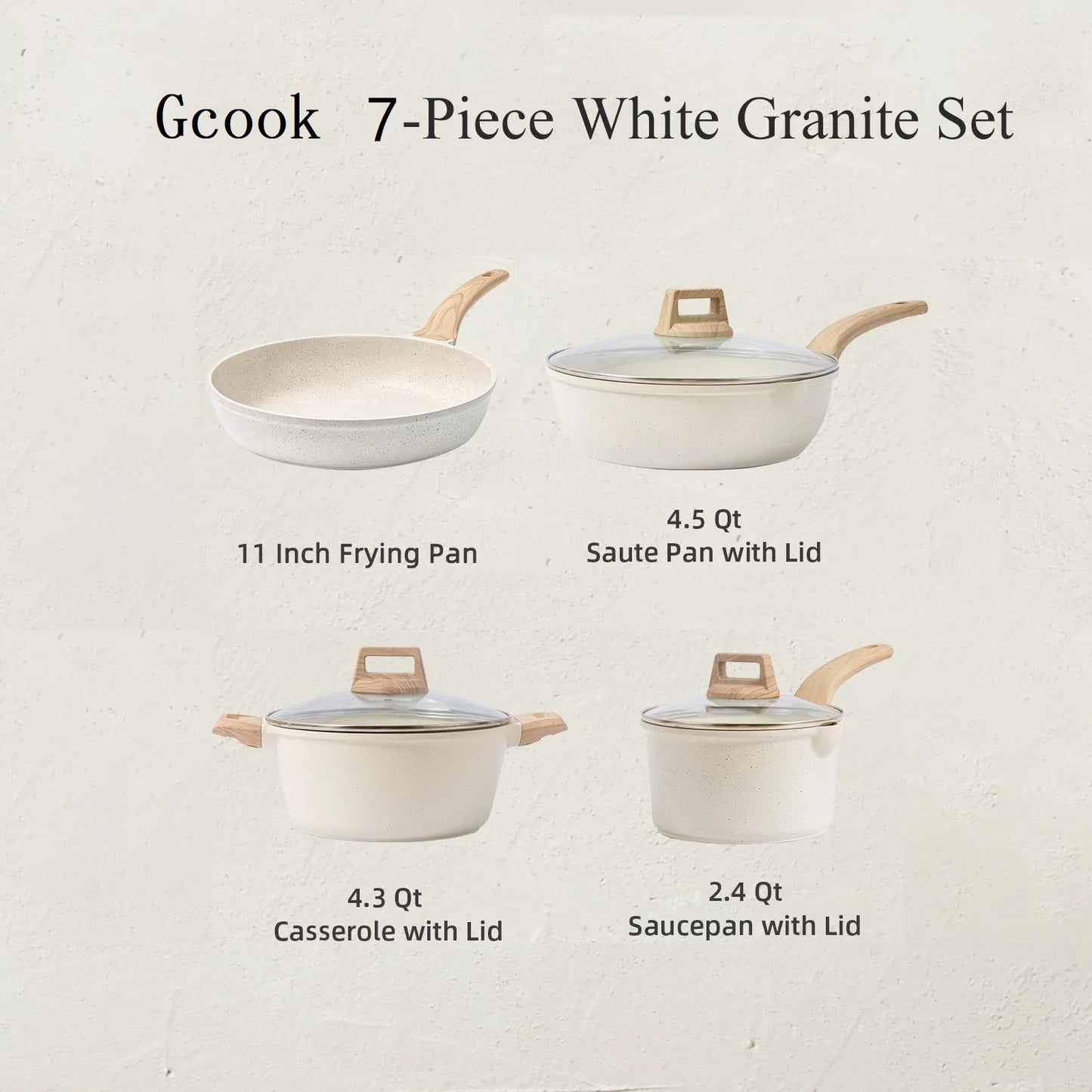 7-Piece Nonstick Granite Cookware Set – Induction Compatible Pots and Pans with Wooden Handles & Glass Lids, Cream White