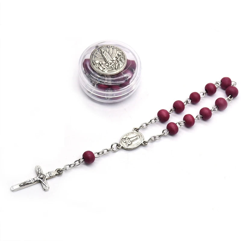 Red Wood Beads Strand Cross Rosary Bracelet with Box – Christian Religious Jewelry Gift for Women