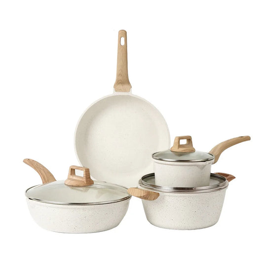 7-Piece Nonstick Granite Cookware Set – Induction Compatible Pots and Pans with Wooden Handles & Glass Lids, Cream White