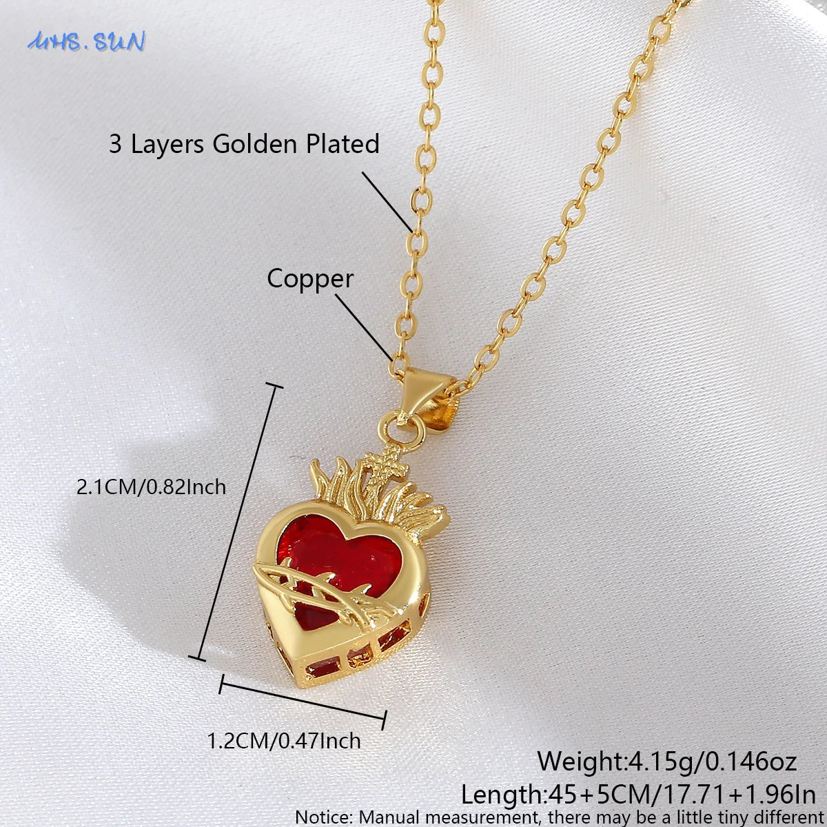 Sacred Heart of Jesus Cross Pendant Necklace with Cubic Zirconia