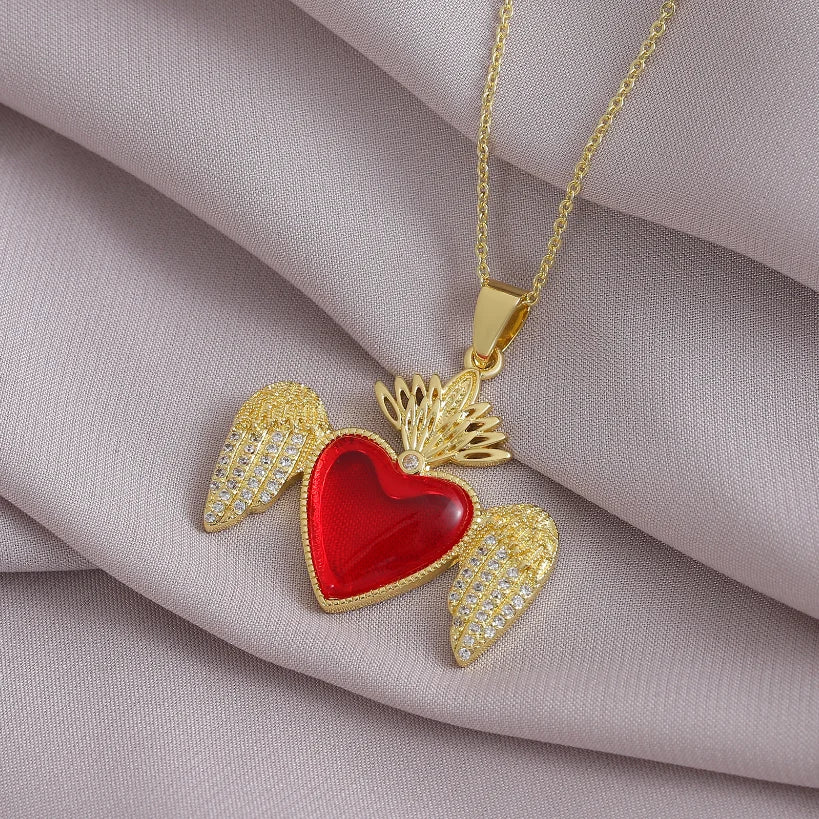 Sacred Heart of Jesus Cross Pendant Necklace with Cubic Zirconia
