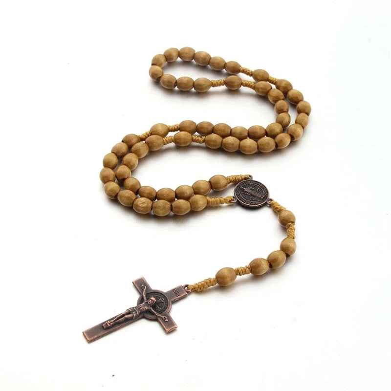 Handmade Wooden Rosary Necklace with Cross Pendant – Catholic Religious Gift for Men & Women, Prayer Necklace