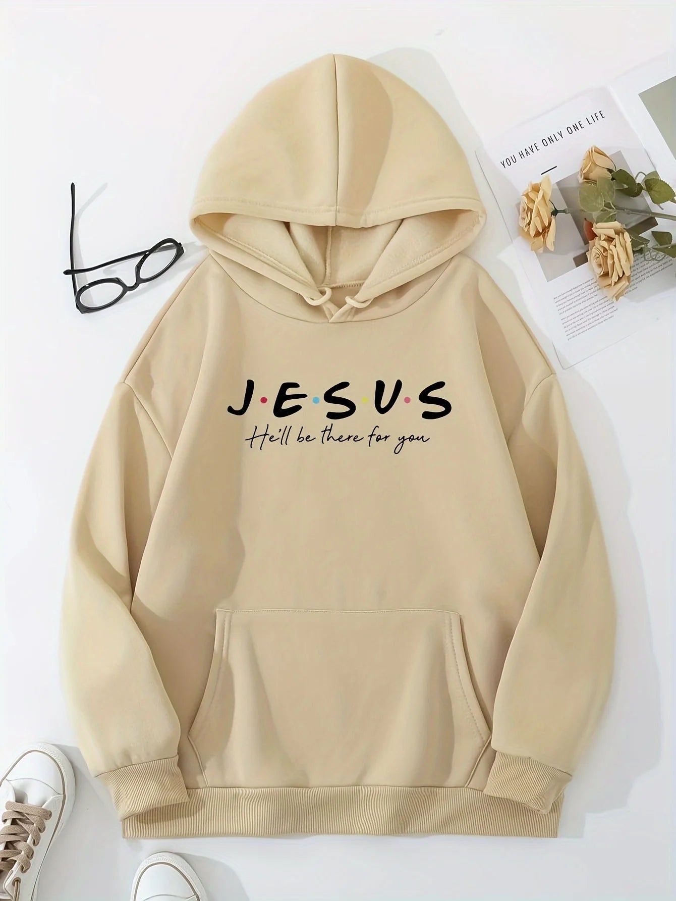 Jesus Print Hoodies with Drawstring & Kangaroo Pocket - Casual Sweatshirt for Spring & Fall, Women's Clothing