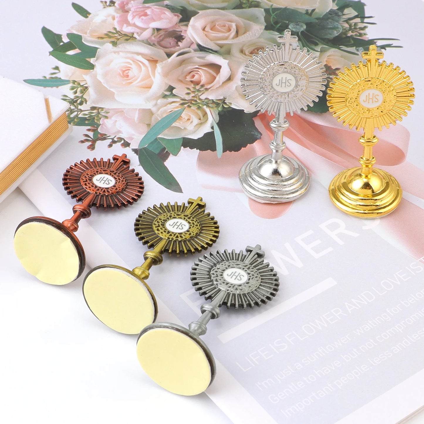 Mini Catholic JHS Metal Ornament – Decorative Religious Charm for Car, Home & Office