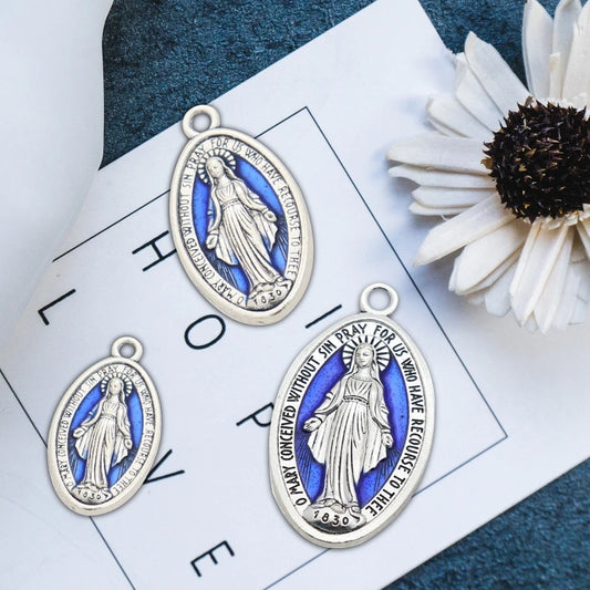 10 Pcs Miraculous Medal Pendant Charms – Catholic Necklace or Rosary Charms, Blessed Virgin Oval Pendants with Loop