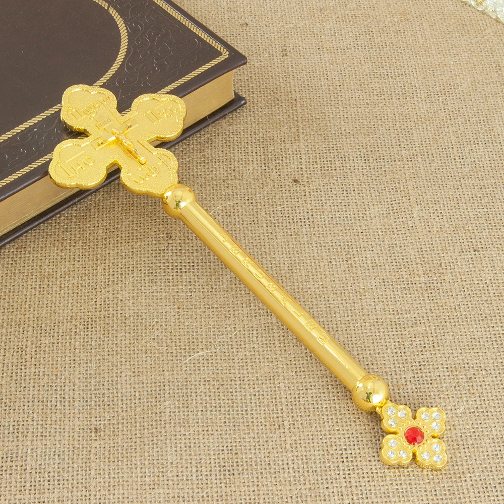 Gold-Tone Metal Cross Figurine with Crystal Accents – Decorative Table Sculpture (Orthodox-Inspired)