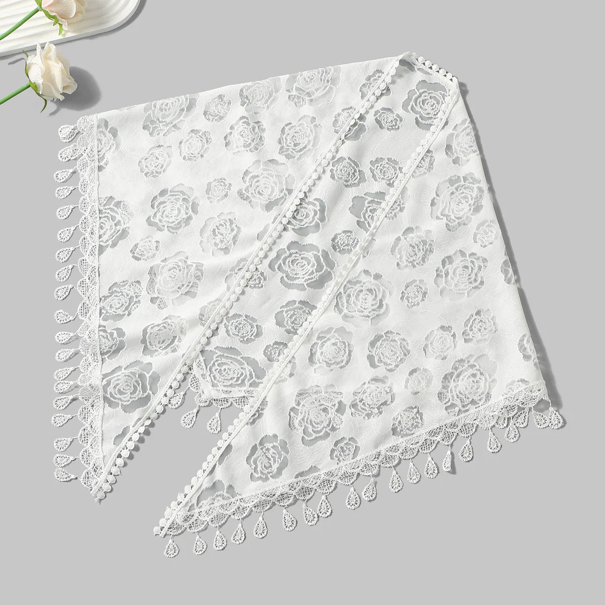 Women Lace Triangle Scarf with Tassel Embroidered Solid Color Shawls Veil Fashion Lightweight Prayer Hijab 160*50cm