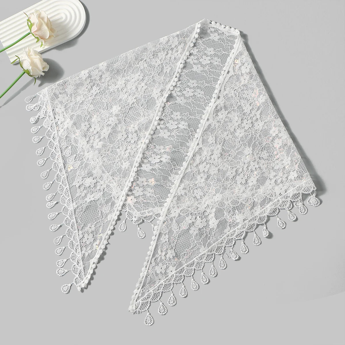Women Lace Triangle Scarf with Tassel Embroidered Solid Color Shawls Veil Fashion Lightweight Prayer Hijab 160*50cm