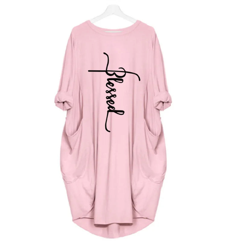 Plus Size Women’s Casual Mini Dress – Short Sleeve O-Neck Loose Fit Dress with Pockets