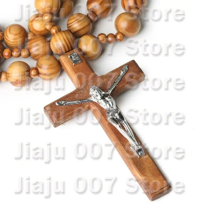 Oversized Wooden Catholic Cross with Rosary Beads - Handcrafted Religious Wall Decor