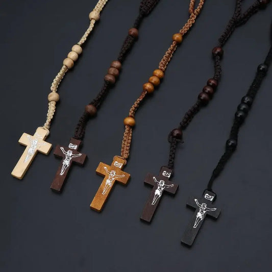 Catholic Wooden Beads Rosary Necklace with Jesus Cross Imprint – Religious Jewelry Souvenir Gift for Unisex Men and Women