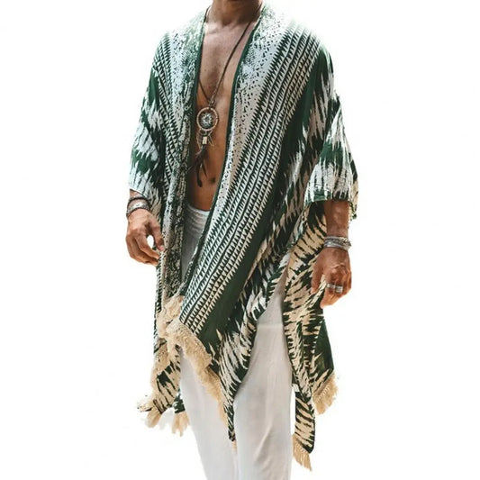 Men's Long Linen Tulum Cardigan – Lightweight Summer Sun Protection Shirt with Fringe