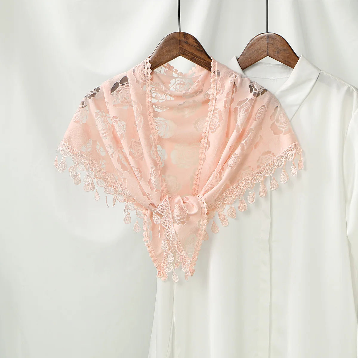Women Lace Triangle Scarf with Tassel Embroidered Solid Color Shawls Veil Fashion Lightweight Prayer Hijab 160*50cm