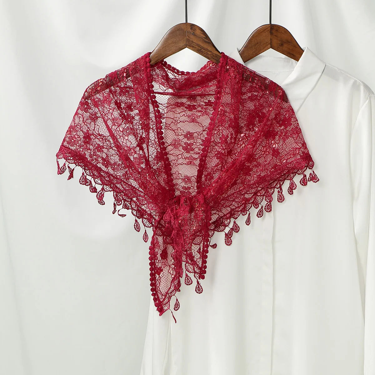 Women Lace Triangle Scarf with Tassel Embroidered Solid Color Shawls Veil Fashion Lightweight Prayer Hijab 160*50cm