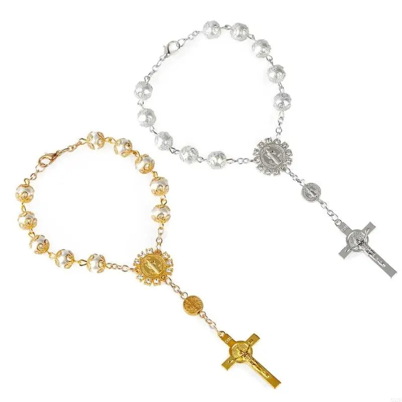 One Decade Car Rosary Beads Catholic Metal Bracelets for Women Silver Tone Beads with Silver Chain and Cross