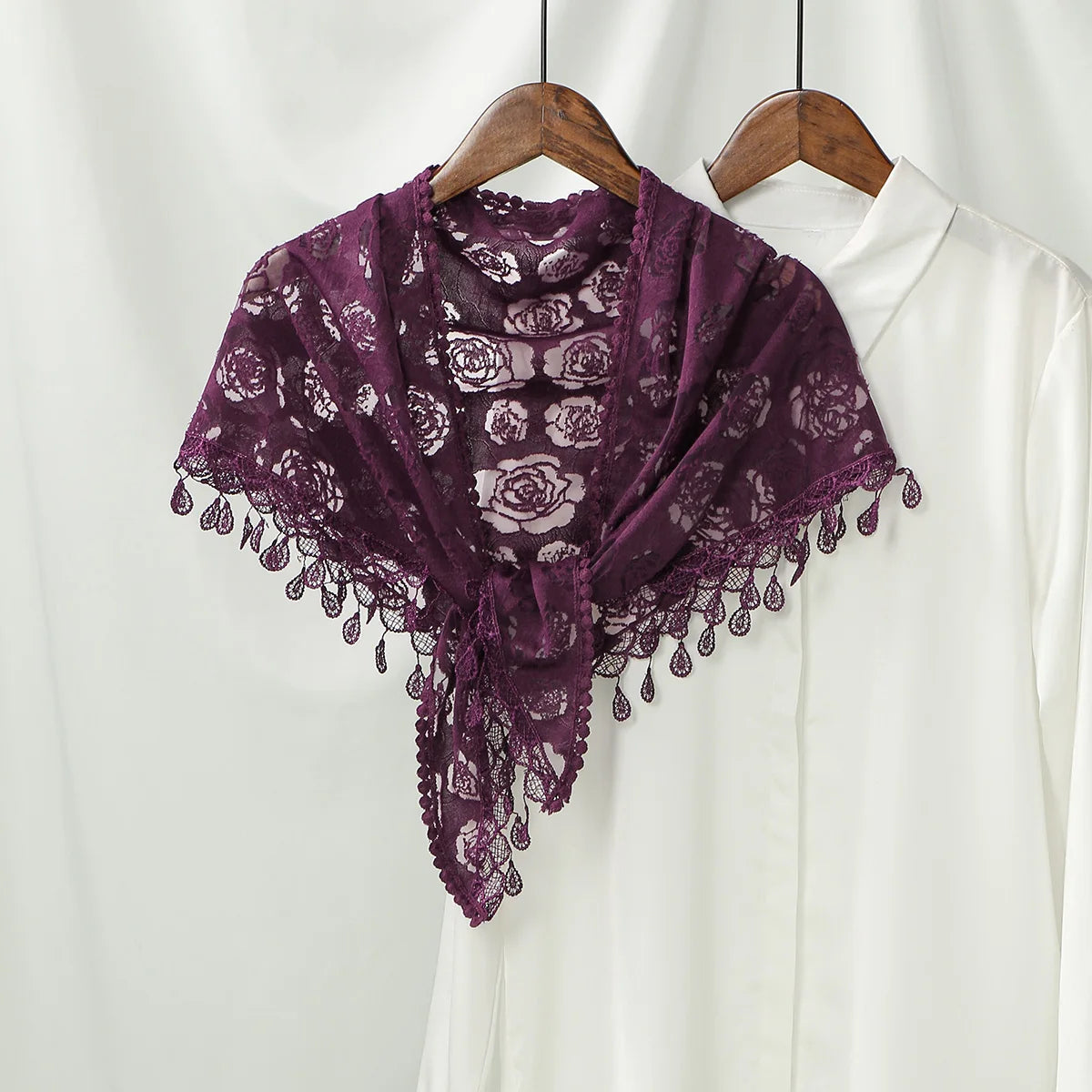 Women Lace Triangle Scarf with Tassel Embroidered Solid Color Shawls Veil Fashion Lightweight Prayer Hijab 160*50cm