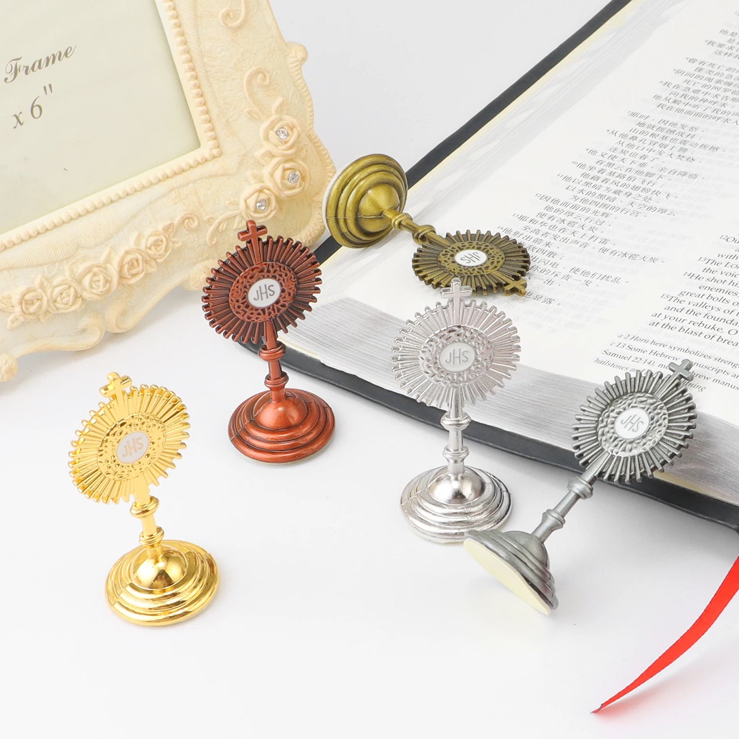 Mini Catholic JHS Metal Ornament – Decorative Religious Charm for Car, Home & Office