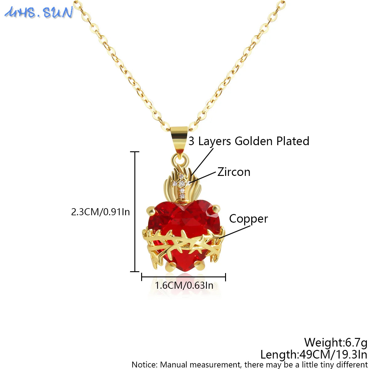 Sacred Heart of Jesus Cross Pendant Necklace with Cubic Zirconia