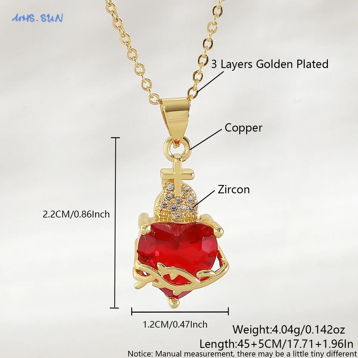 Sacred Heart of Jesus Cross Pendant Necklace with Cubic Zirconia