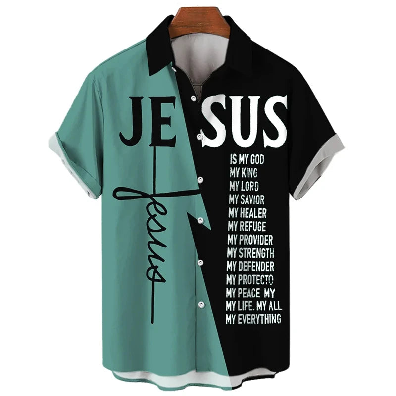 Men’s Jesus Graphic Short Sleeve Shirt – 3D Printed Casual Button-Up, Templar-Inspired Design