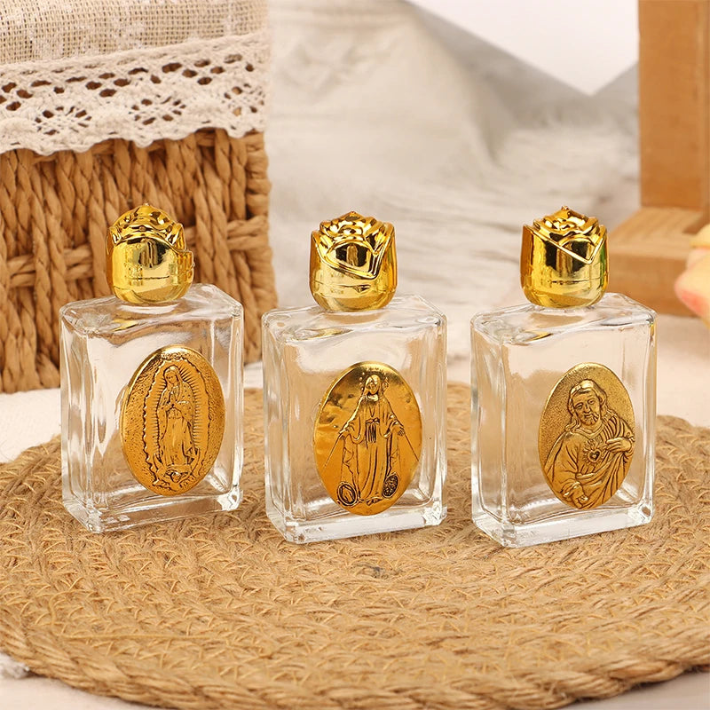 Mini Refillable Holy Water Bottle – Glass with Christian Figure & Rosette Cap – 15ml