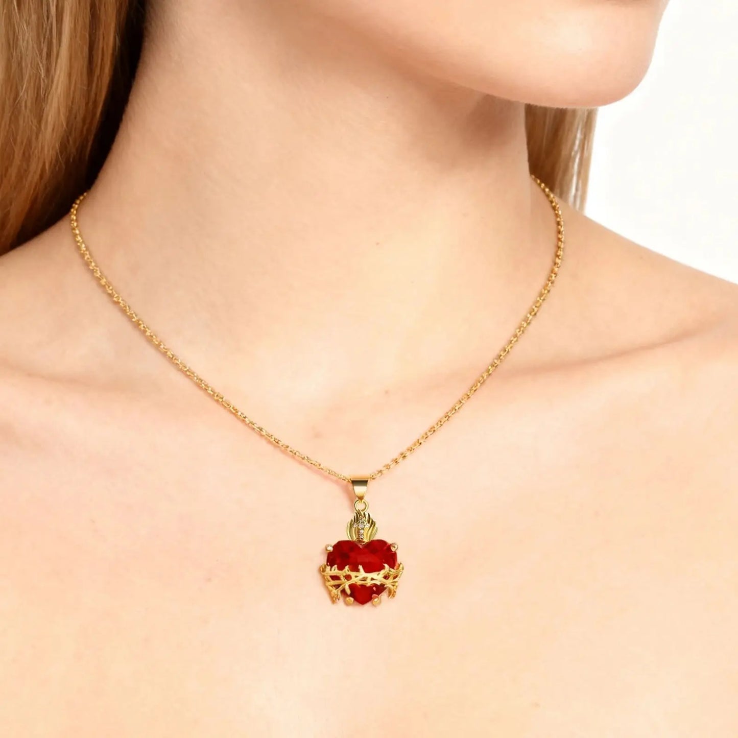Sacred Heart of Jesus Cross Pendant Necklace with Cubic Zirconia