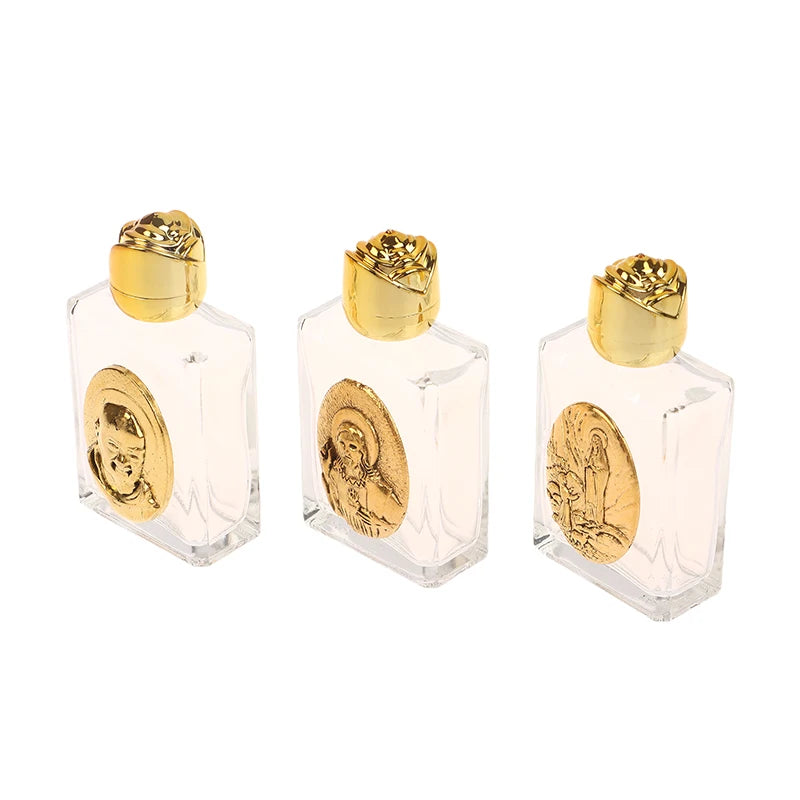 Mini Refillable Holy Water Bottle – Glass with Christian Figure & Rosette Cap – 15ml