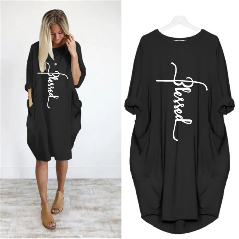 Plus Size Women’s Casual Mini Dress – Short Sleeve O-Neck Loose Fit Dress with Pockets
