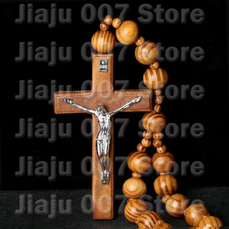 Oversized Wooden Catholic Cross with Rosary Beads - Handcrafted Religious Wall Decor