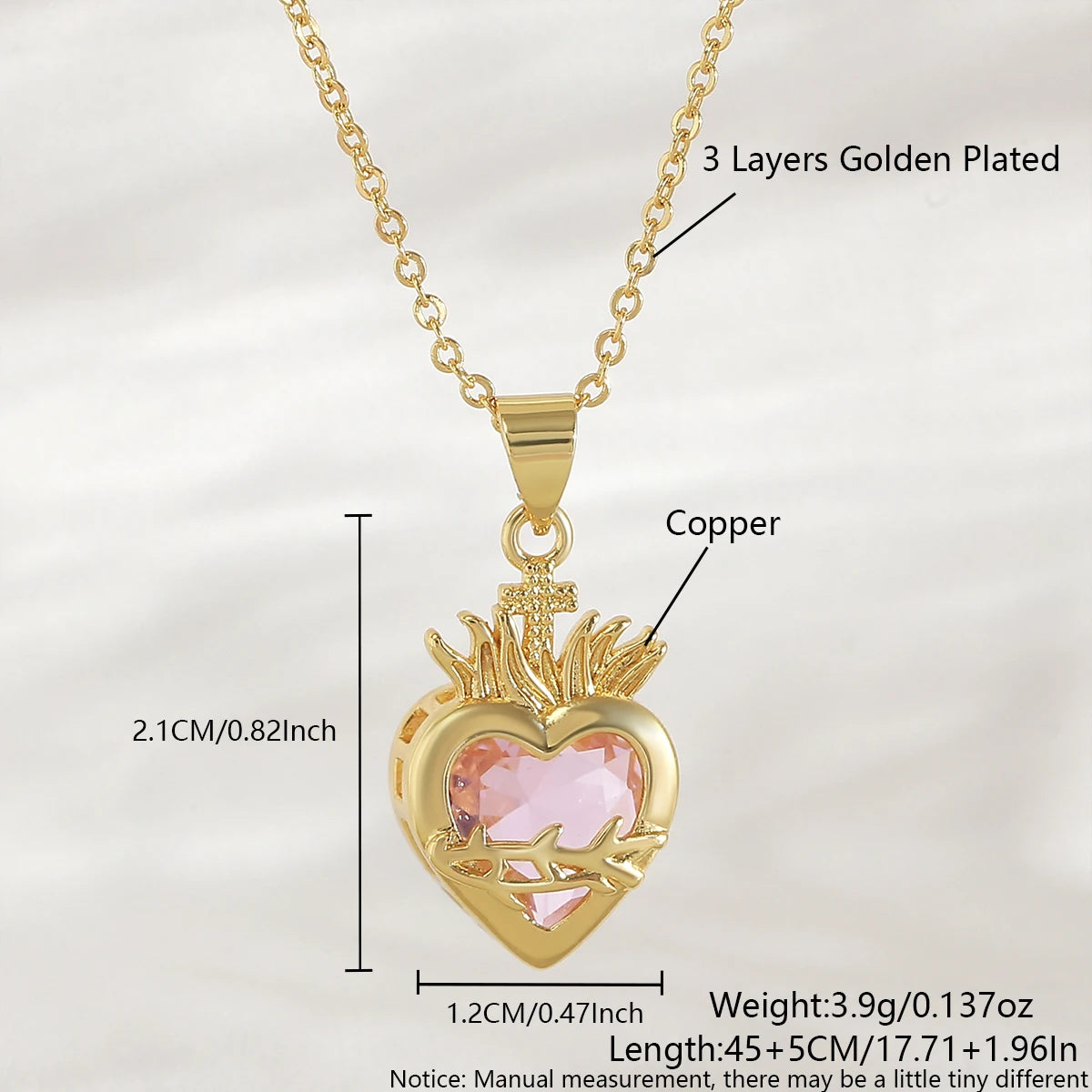 Sacred Heart of Jesus Cross Pendant Necklace with Cubic Zirconia