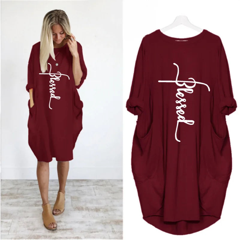 Plus Size Women’s Casual Mini Dress – Short Sleeve O-Neck Loose Fit Dress with Pockets