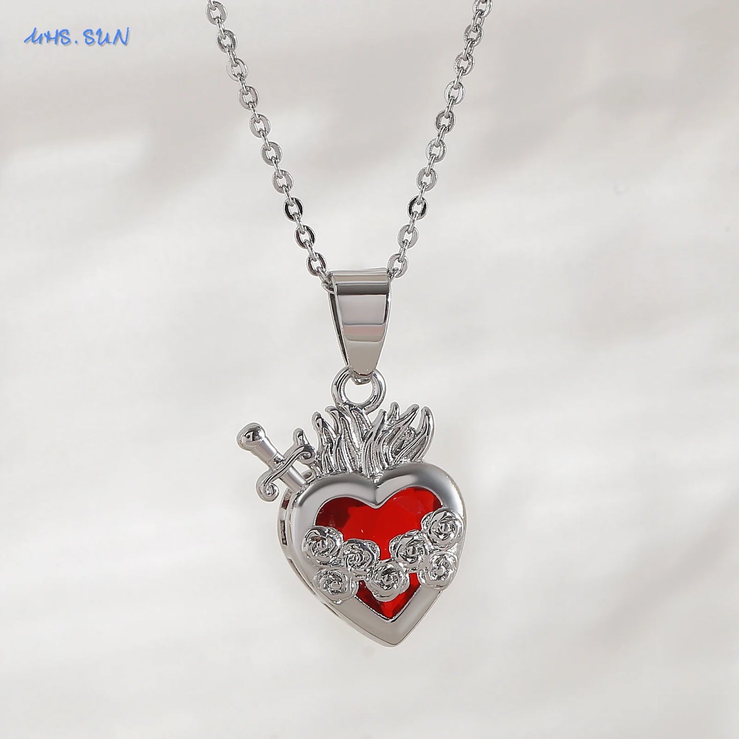 Sacred Heart of Jesus Cross Pendant Necklace with Cubic Zirconia